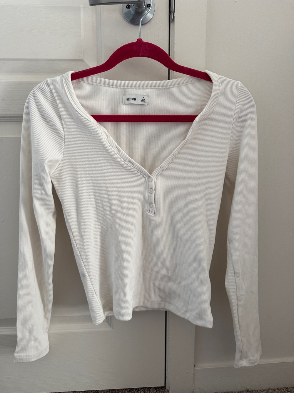 Hollister Cream Ribbed Long Sleeve Henley Top